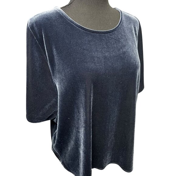 MADEWELL Blue Velvet Short-Sleeve Loose-Fit Top Womens Elegant Round Neck Blouse - Picture 2 of 9